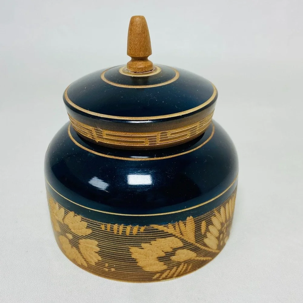 VTG Taxco Mexico‎ Handmade Turned Black Floral Wood Lacquer Trinket Jewelry Box